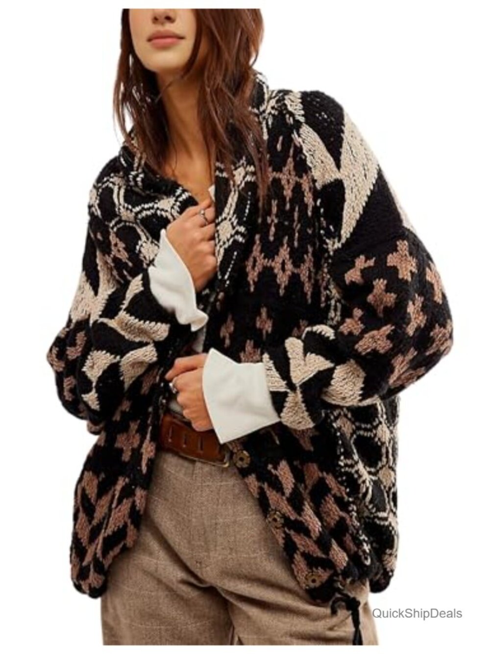 Womens Oversized Cardigan Button Down Y2K Argyle Knit Sweater